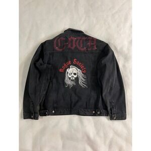 Today's News Mens Black Denim Jacket Trucker GOTH ROGUE SOCIETY Skull Graphic L